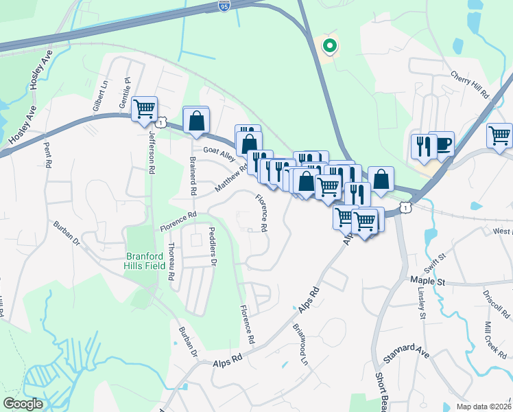 map of restaurants, bars, coffee shops, grocery stores, and more near 845 West Main Street in Branford