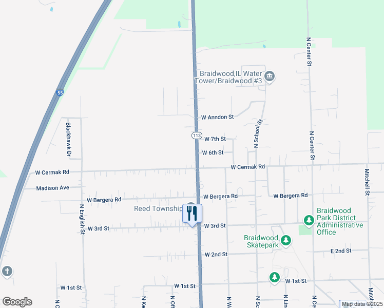 map of restaurants, bars, coffee shops, grocery stores, and more near 495 West 6th Street in Braidwood
