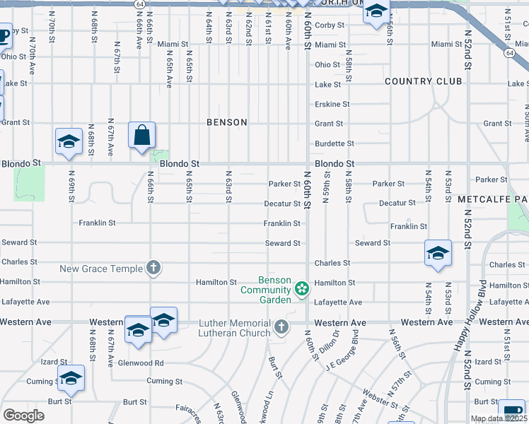 map of restaurants, bars, coffee shops, grocery stores, and more near 1720 North 61st Street in Omaha