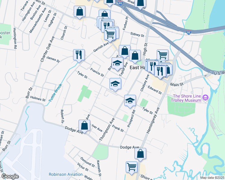 map of restaurants, bars, coffee shops, grocery stores, and more near 6 Taylor Avenue in East Haven