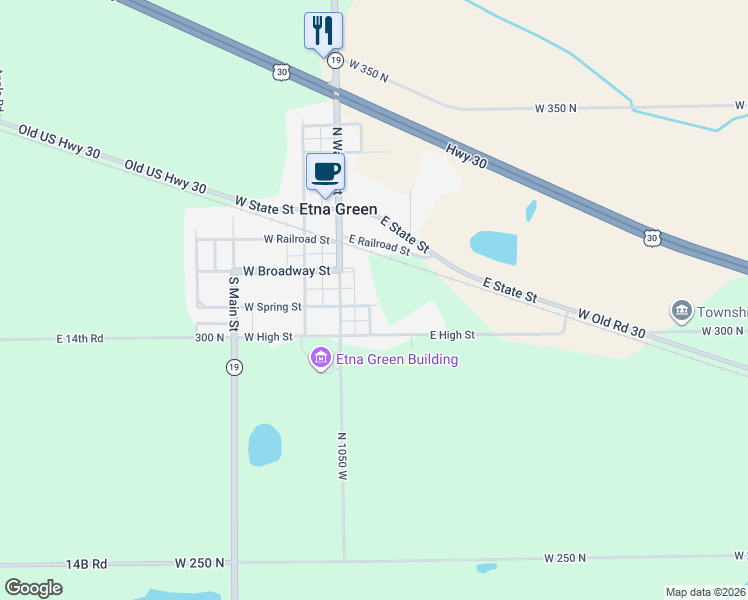 map of restaurants, bars, coffee shops, grocery stores, and more near 119 East Spring Street in Etna Green