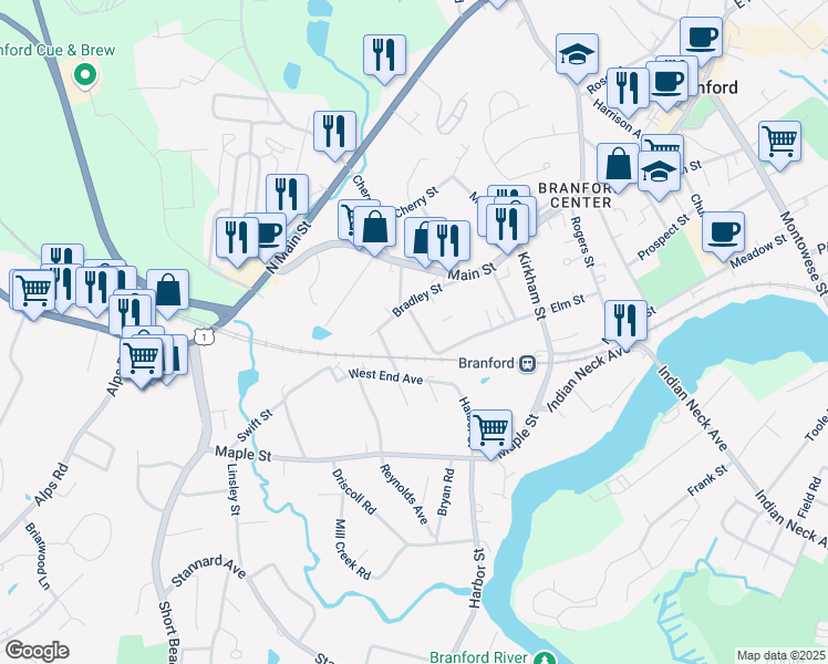 map of restaurants, bars, coffee shops, grocery stores, and more near 43-45 North Harbor Street in Branford
