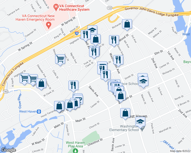 map of restaurants, bars, coffee shops, grocery stores, and more near 325 Elm Street in West Haven