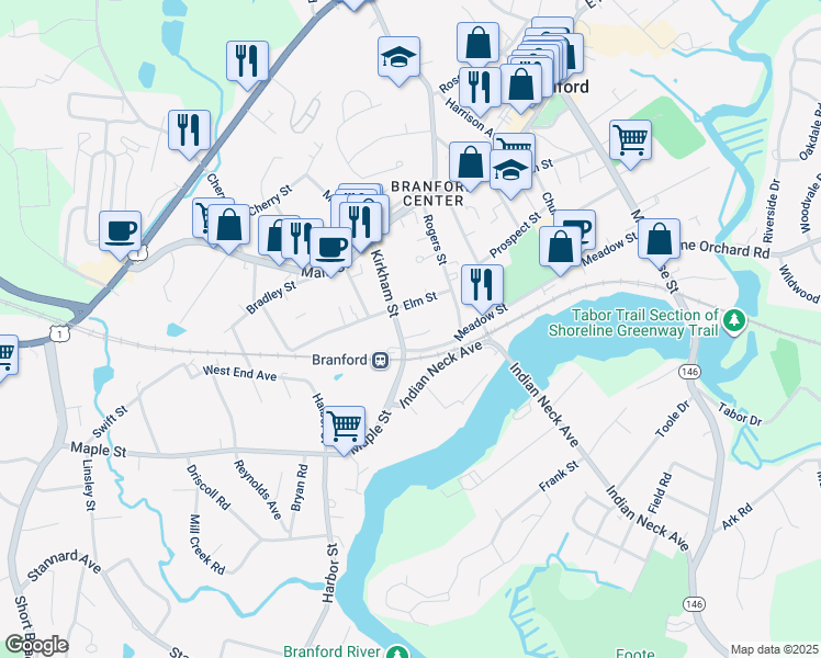 map of restaurants, bars, coffee shops, grocery stores, and more near 7 Hammer Place in Branford