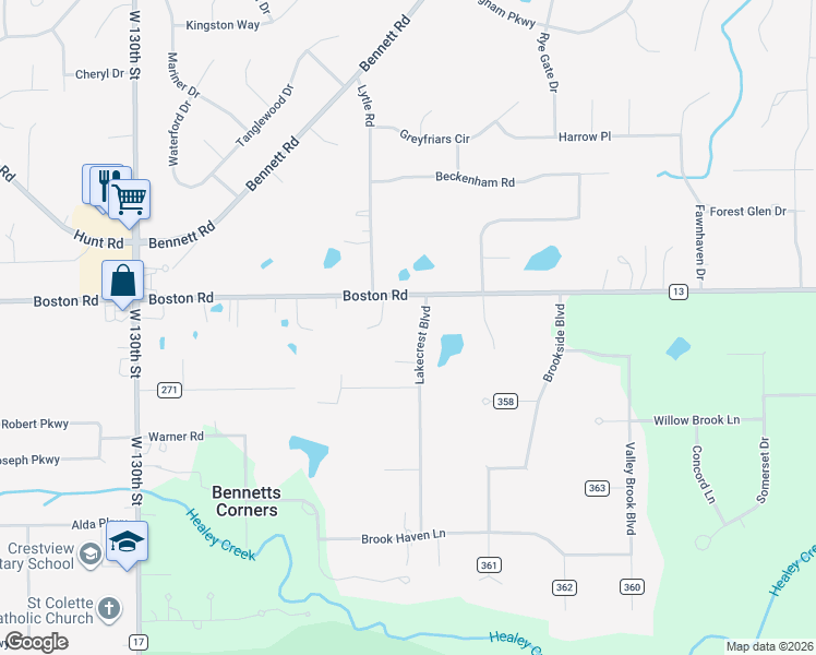 map of restaurants, bars, coffee shops, grocery stores, and more near 36 Lakecrest Boulevard in Hinckley