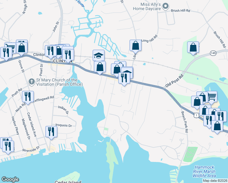 map of restaurants, bars, coffee shops, grocery stores, and more near 18 Waterside Lane in Clinton