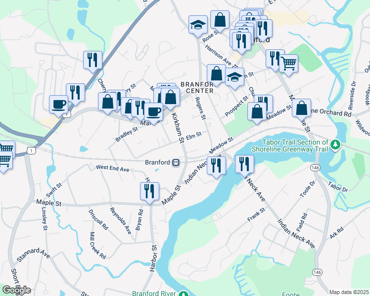 map of restaurants, bars, coffee shops, grocery stores, and more near 7 Hammer Place in Branford