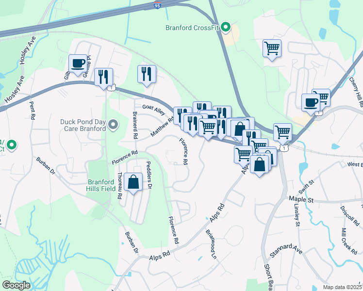 map of restaurants, bars, coffee shops, grocery stores, and more near 845 West Main Street in Branford