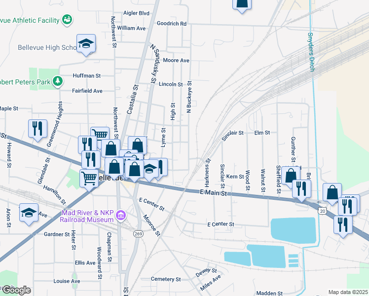 map of restaurants, bars, coffee shops, grocery stores, and more near 168 North Buckeye Street in Bellevue