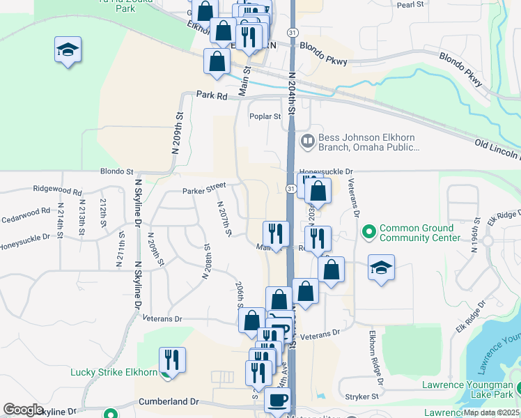 map of restaurants, bars, coffee shops, grocery stores, and more near 1711 206th Street in Omaha