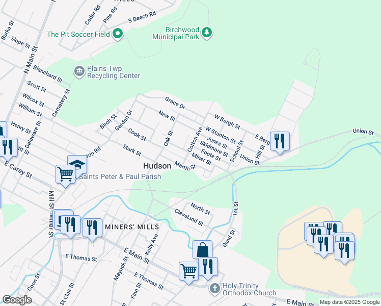 map of restaurants, bars, coffee shops, grocery stores, and more near 80 Miner St in Wilkes-Barre
