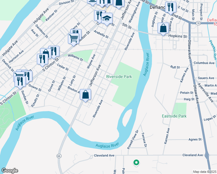 map of restaurants, bars, coffee shops, grocery stores, and more near 997 Riverside Avenue in Defiance