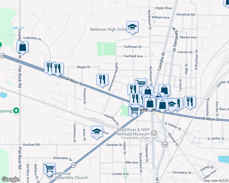 map of restaurants, bars, coffee shops, grocery stores, and more near 314 W Main St in Bellevue