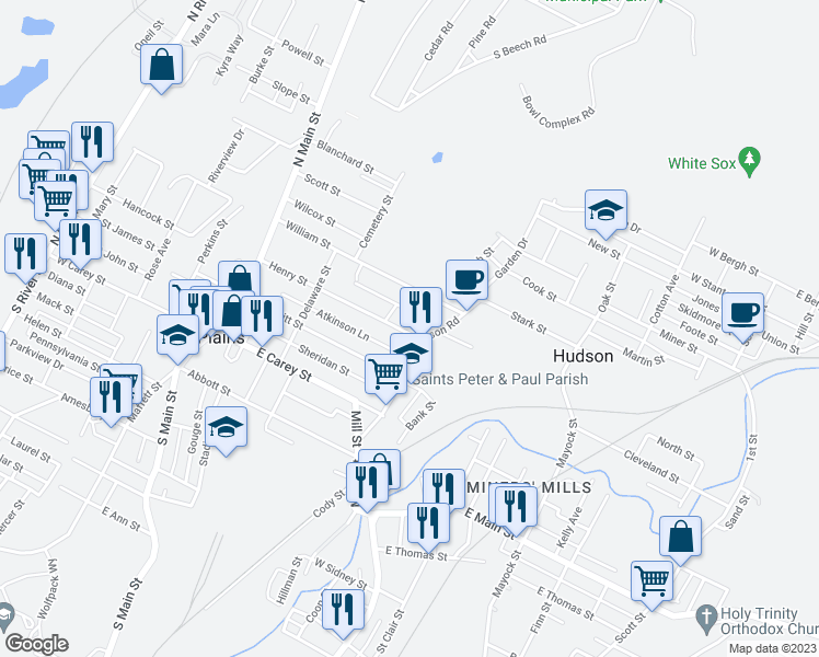 map of restaurants, bars, coffee shops, grocery stores, and more near 140 Henry Street in Wilkes-Barre