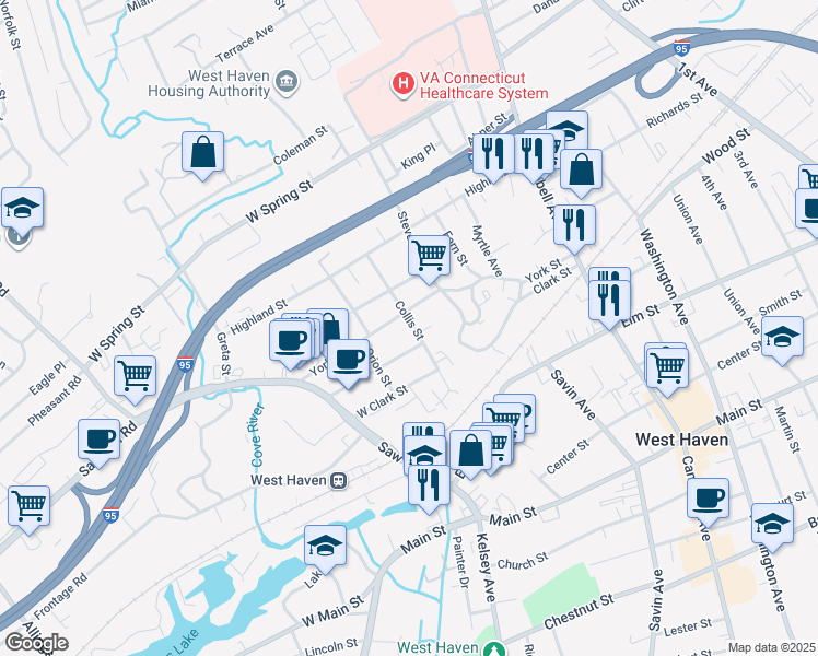 map of restaurants, bars, coffee shops, grocery stores, and more near 89a Collis Street in West Haven