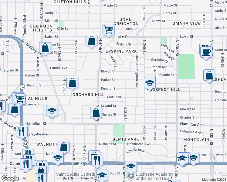 map of restaurants, bars, coffee shops, grocery stores, and more near 3827 Decatur Street in Omaha