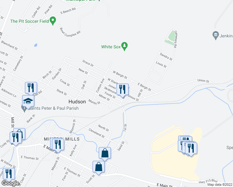 map of restaurants, bars, coffee shops, grocery stores, and more near 29 Skidmore Street in Wilkes-Barre
