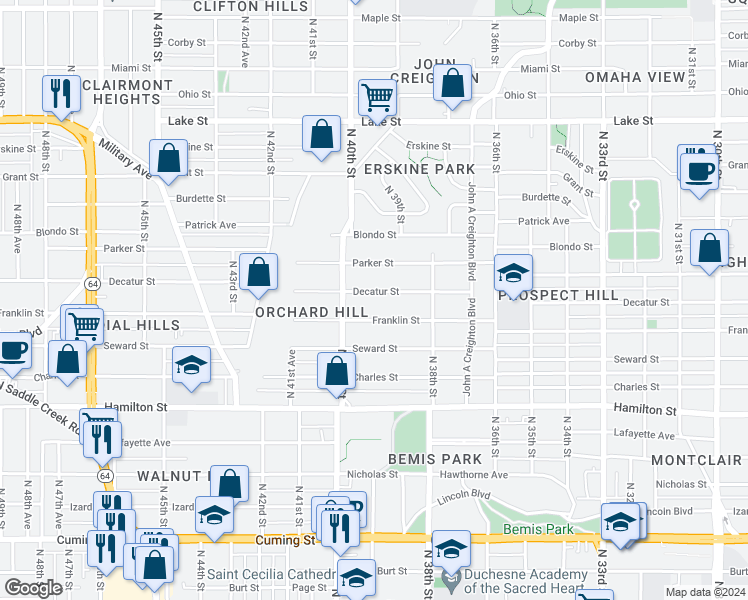 map of restaurants, bars, coffee shops, grocery stores, and more near 3853 Decatur Street in Omaha