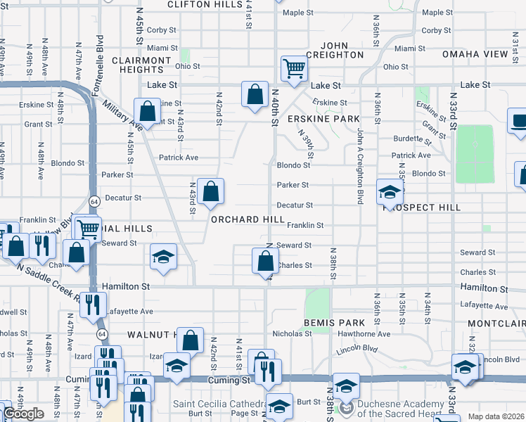 map of restaurants, bars, coffee shops, grocery stores, and more near 4007 Decatur St in Omaha