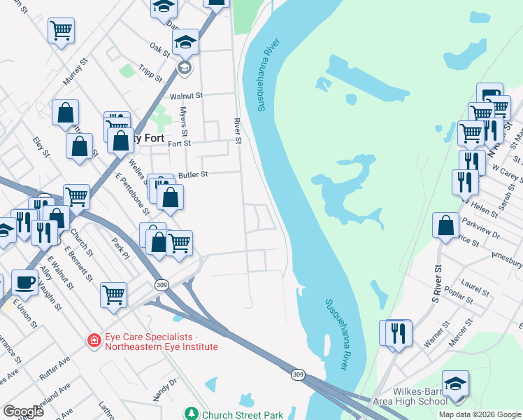 map of restaurants, bars, coffee shops, grocery stores, and more near 374 River Street in Forty Fort