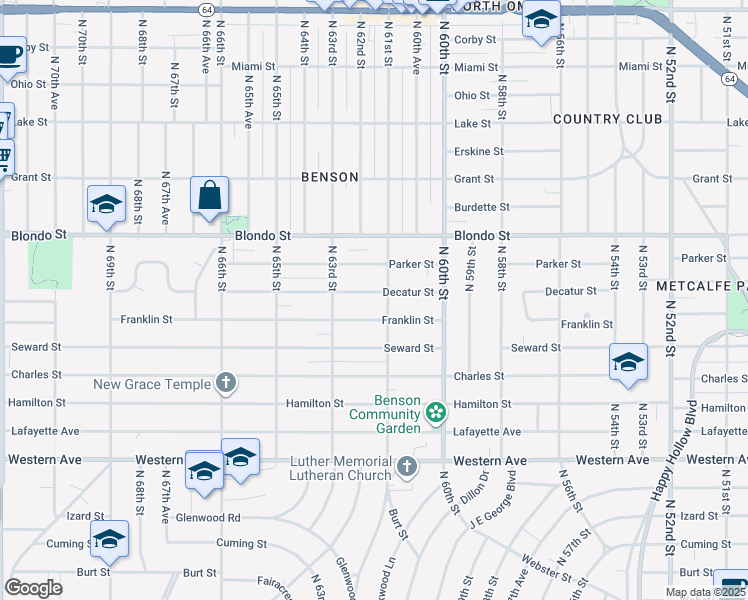 map of restaurants, bars, coffee shops, grocery stores, and more near 1720 North 61st Street in Omaha