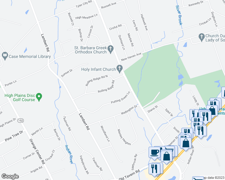 map of restaurants, bars, coffee shops, grocery stores, and more near 40 Rolling Ridge Road in Orange