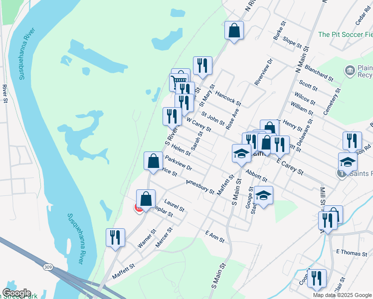map of restaurants, bars, coffee shops, grocery stores, and more near 88-106 Helen Street in Wilkes-Barre