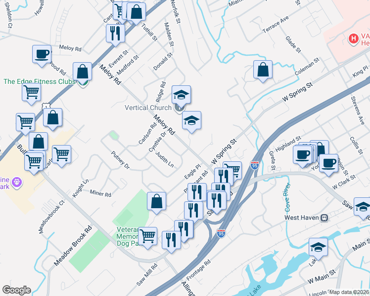 map of restaurants, bars, coffee shops, grocery stores, and more near 118 Meloy Road in West Haven