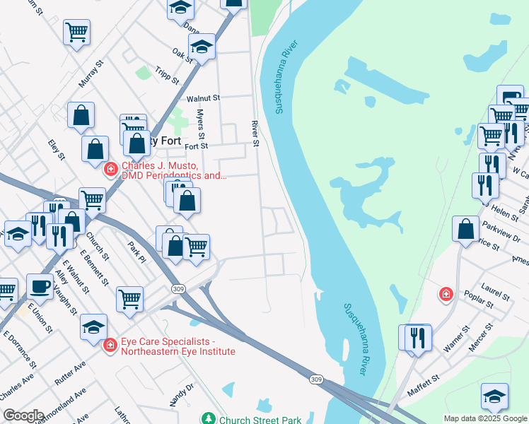 map of restaurants, bars, coffee shops, grocery stores, and more near 374 River Street in Forty Fort