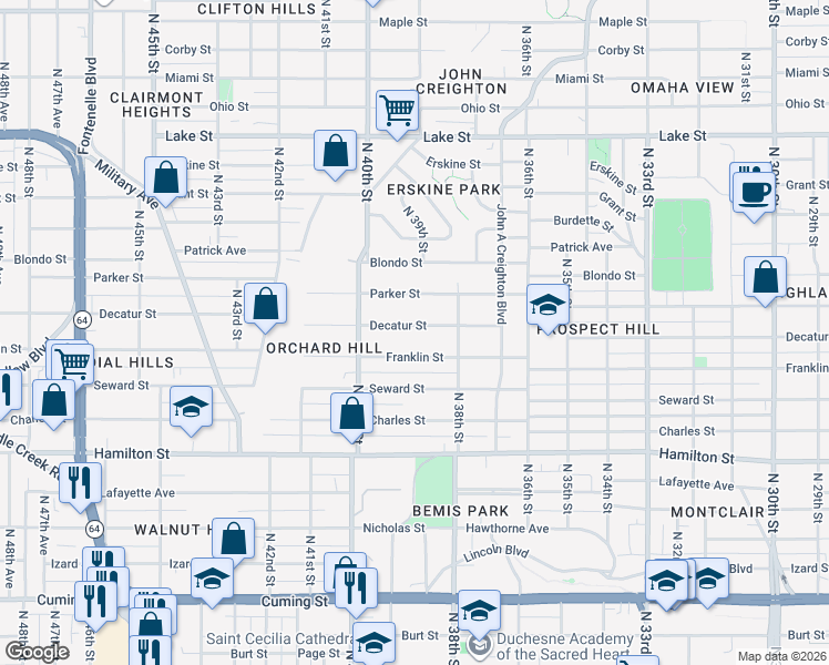 map of restaurants, bars, coffee shops, grocery stores, and more near 3827 Decatur Street in Omaha