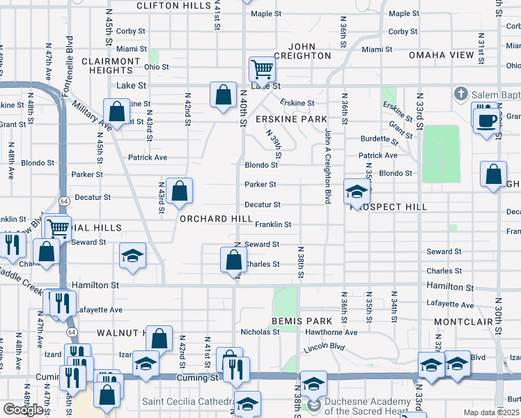 map of restaurants, bars, coffee shops, grocery stores, and more near 3853 Decatur Street in Omaha