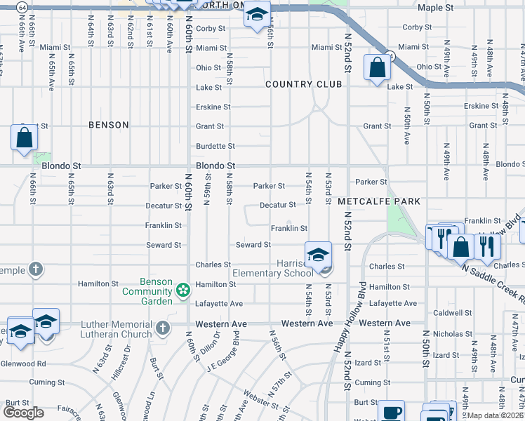 map of restaurants, bars, coffee shops, grocery stores, and more near 1710 North 56th Street in Omaha