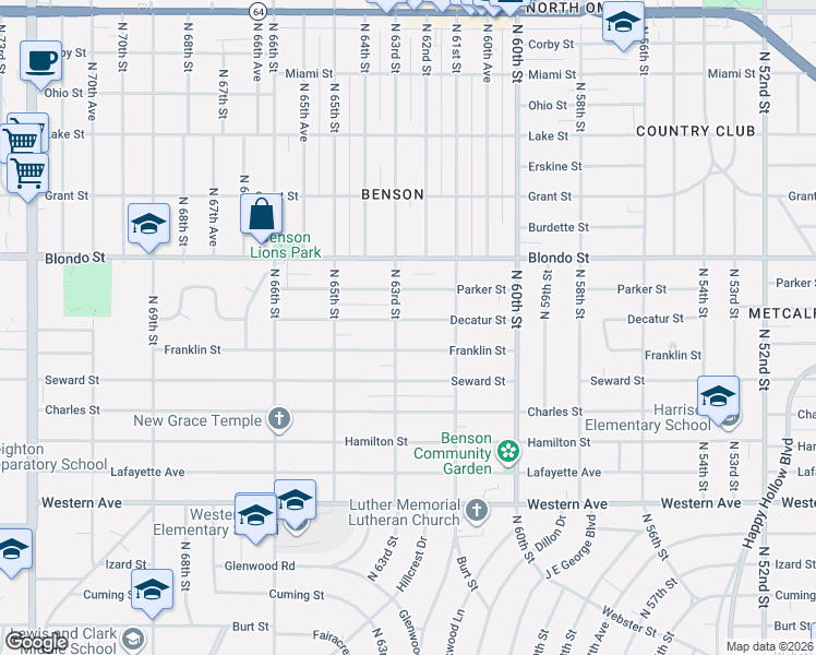 map of restaurants, bars, coffee shops, grocery stores, and more near 6241 Decatur Street in Omaha