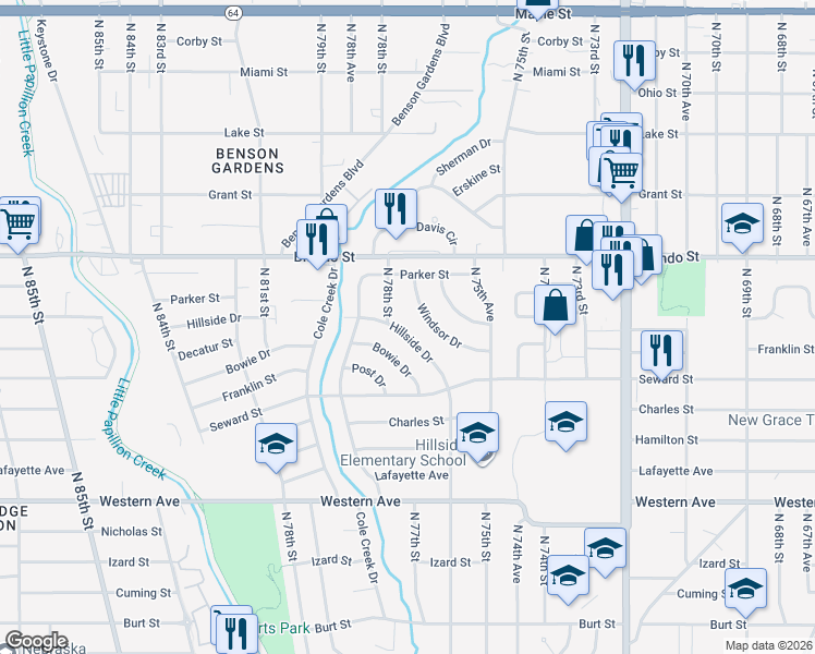 map of restaurants, bars, coffee shops, grocery stores, and more near 1746 Hillside Drive in Omaha