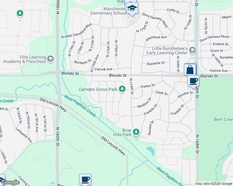 map of restaurants, bars, coffee shops, grocery stores, and more near 1830 North 175th Court in Omaha