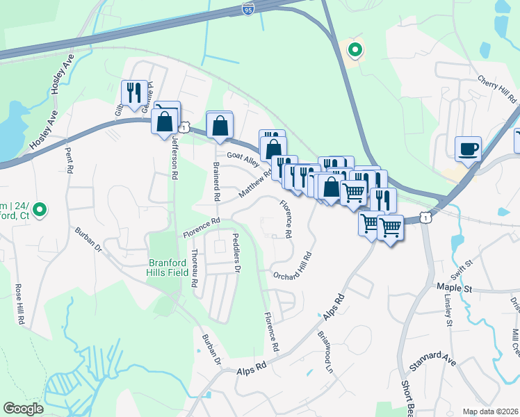 map of restaurants, bars, coffee shops, grocery stores, and more near 65 Florence Road in Branford