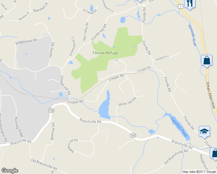 map of restaurants, bars, coffee shops, grocery stores, and more near 92 Cooper Road in Ridgefield