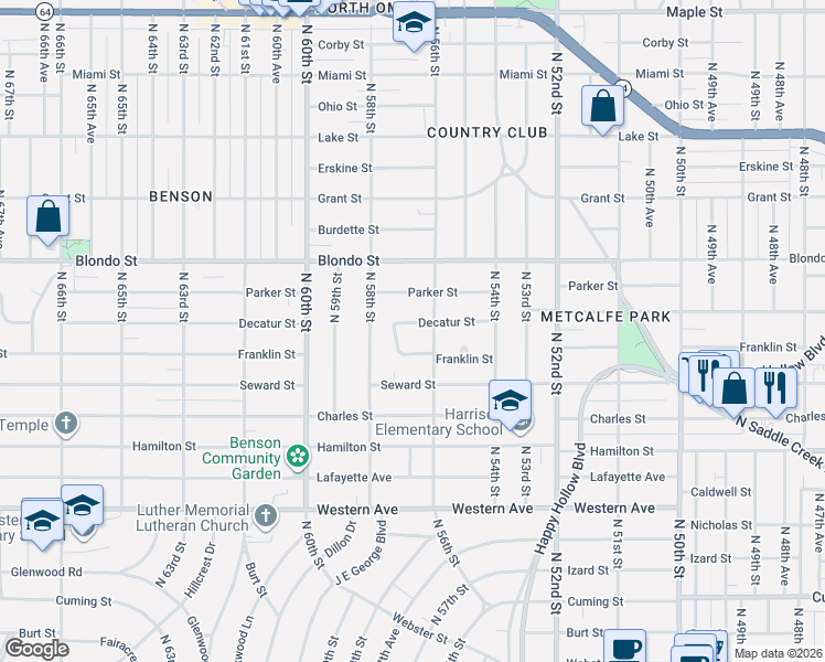 map of restaurants, bars, coffee shops, grocery stores, and more near 1710 North 56th Street in Omaha