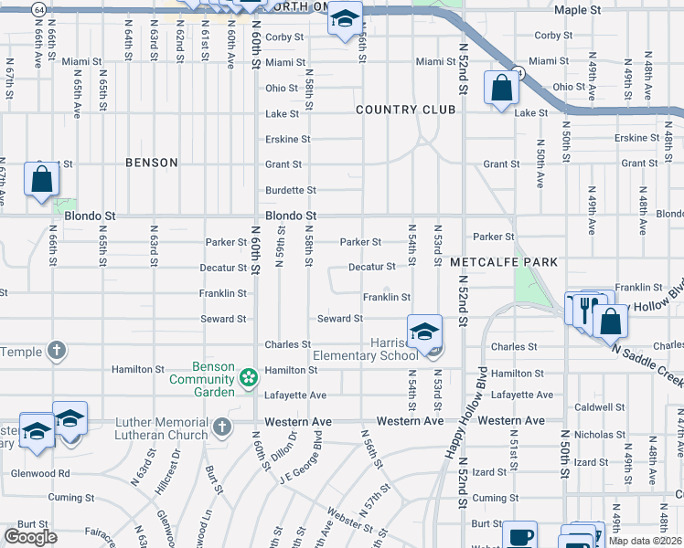 map of restaurants, bars, coffee shops, grocery stores, and more near 5636 Franklin Street in Omaha