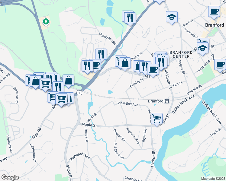 map of restaurants, bars, coffee shops, grocery stores, and more near 43 Home Place in Branford