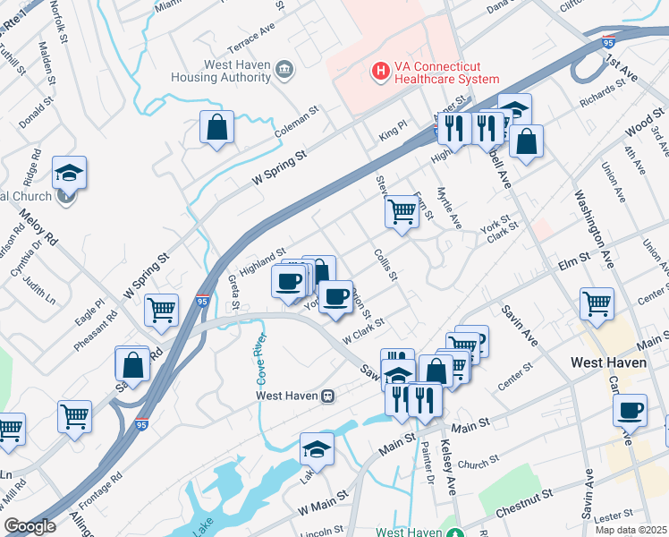 map of restaurants, bars, coffee shops, grocery stores, and more near 98 West Prospect Street in West Haven