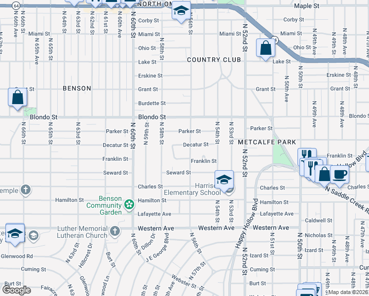 map of restaurants, bars, coffee shops, grocery stores, and more near 1710 North 56th Street in Omaha