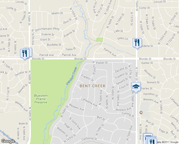 map of restaurants, bars, coffee shops, grocery stores, and more near 16305 Decatur Circle in Omaha