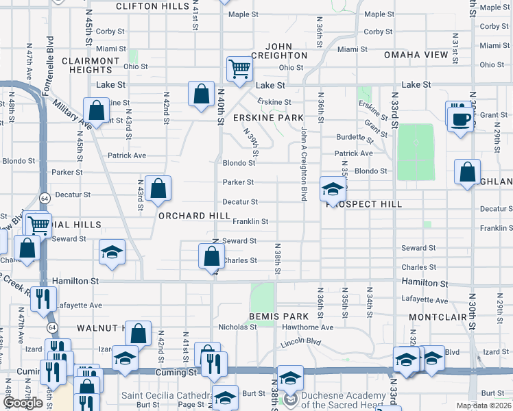 map of restaurants, bars, coffee shops, grocery stores, and more near 3827 Decatur Street in Omaha