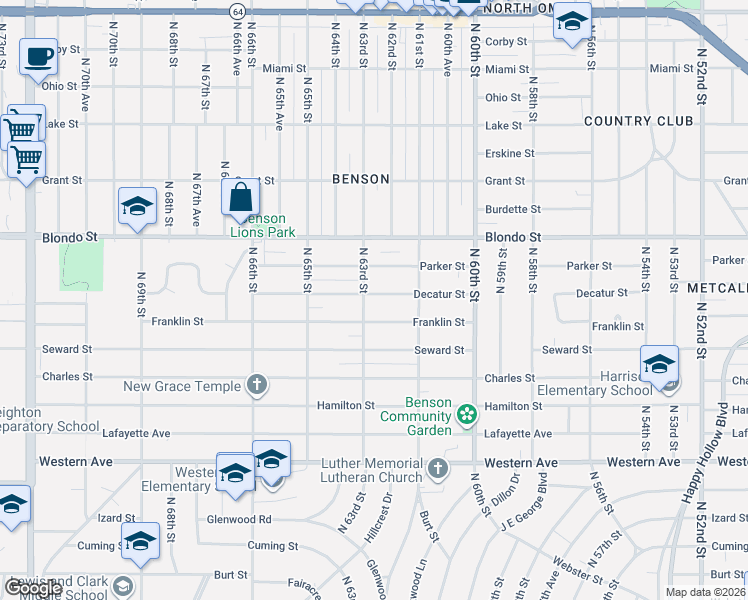 map of restaurants, bars, coffee shops, grocery stores, and more near 6241 Decatur Street in Omaha