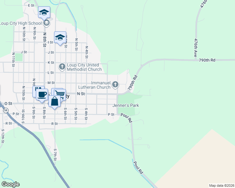 map of restaurants, bars, coffee shops, grocery stores, and more near 101 N Street in Loup City