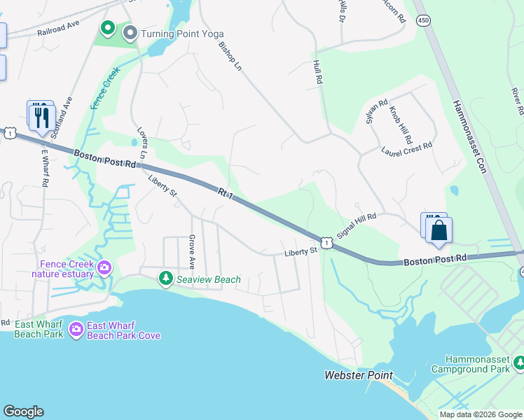 map of restaurants, bars, coffee shops, grocery stores, and more near 1071 Boston Post Road in Madison