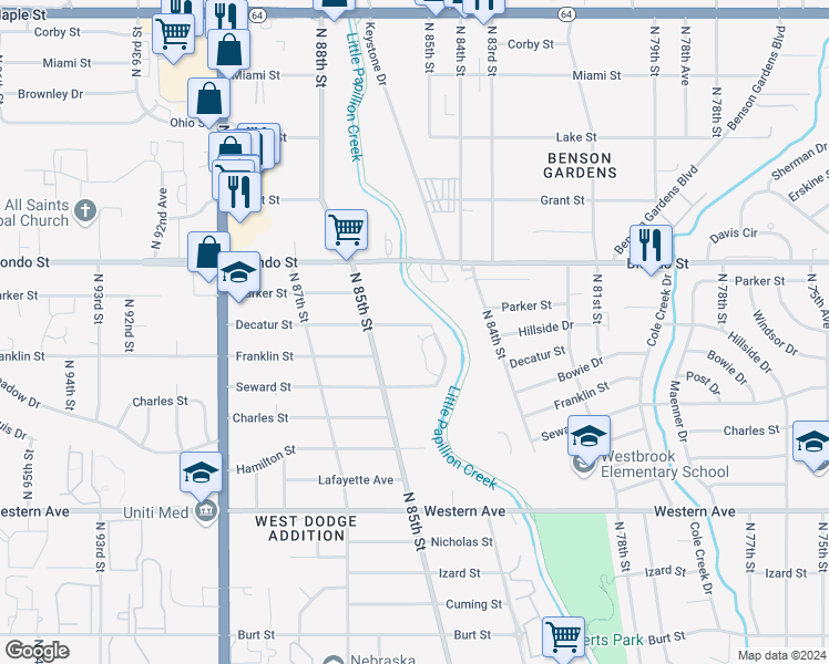 map of restaurants, bars, coffee shops, grocery stores, and more near 1728 North 84th Terrace in Omaha