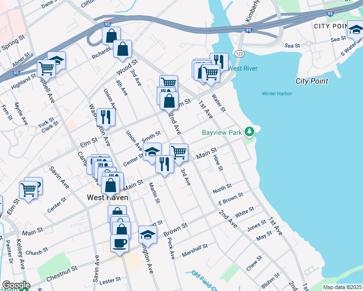 map of restaurants, bars, coffee shops, grocery stores, and more near 519 3rd Avenue in West Haven