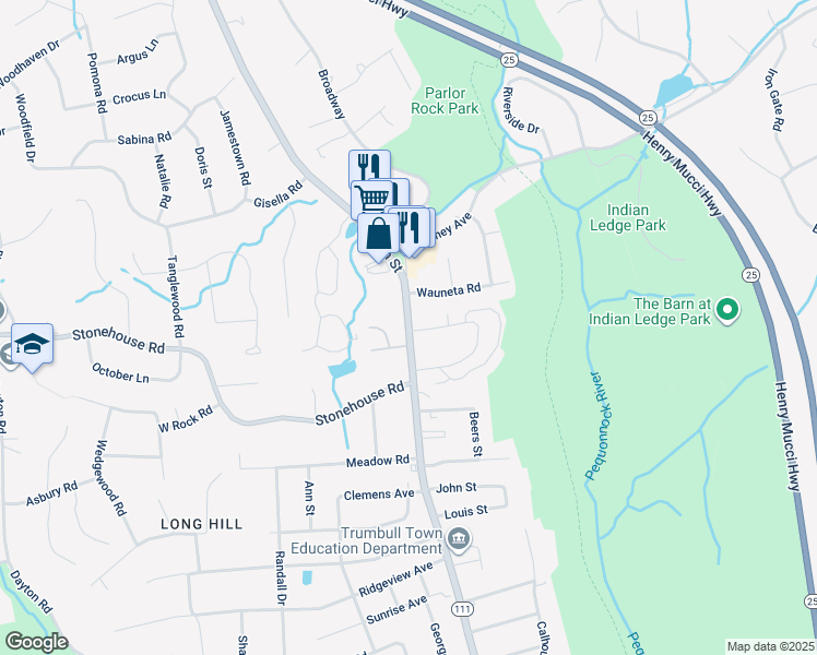 map of restaurants, bars, coffee shops, grocery stores, and more near 6454 Main Street in Trumbull